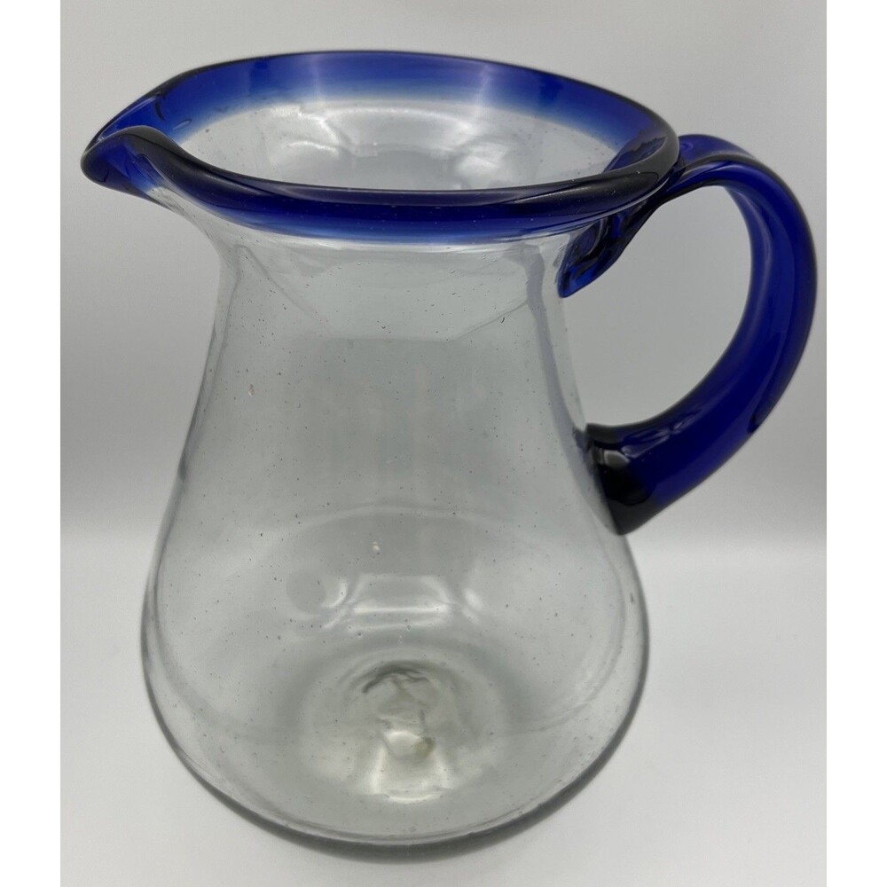 Early 21st Century Mexican Blown Glass Pitcher W/ Cobalt Blue Rim Artglass 10x7’